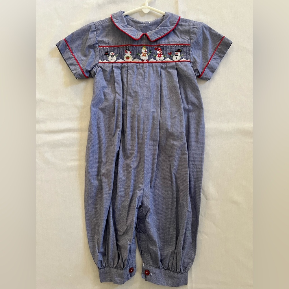 Vintage Beaux et Belles Blue Romper Longall with Snowman Smocking